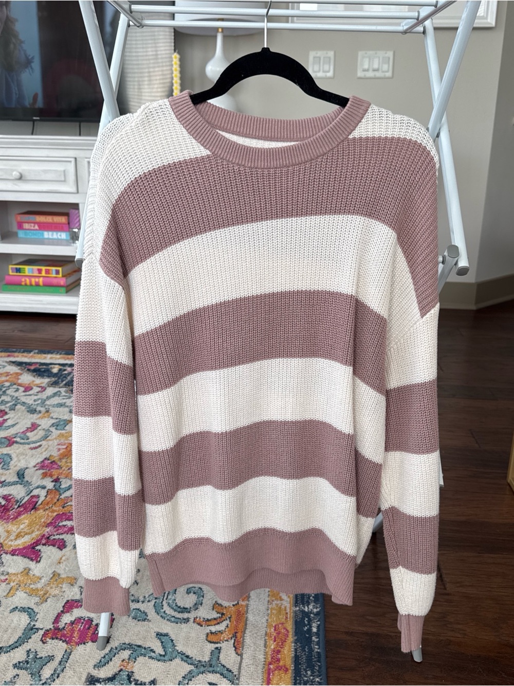 TNA Striped Knit Sweater in Dusty Rose, Cream, and Black